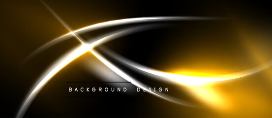 Naklejka premium Abstract design features bright yellow, white lines against black background. Dynamic curves create modern visual effect. Text reads background design.