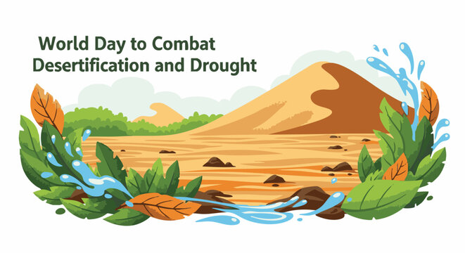 Desert landscape with green plants and water flow in vibrant colorful illustration for World Day to Combat Desertification and Drought awareness