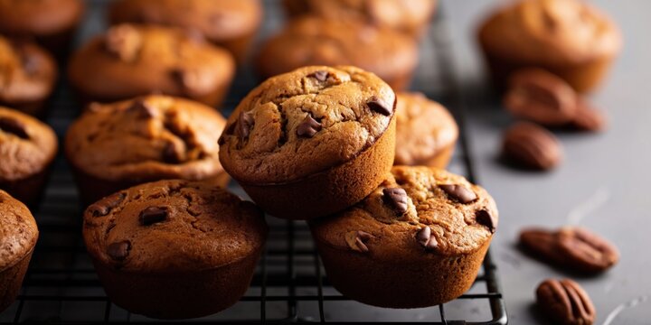 Delicious chocolate chip muffins cooling on a rack, a perfect homemade treat