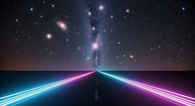 Road to the stars glowing pathway under a night sky with milky way