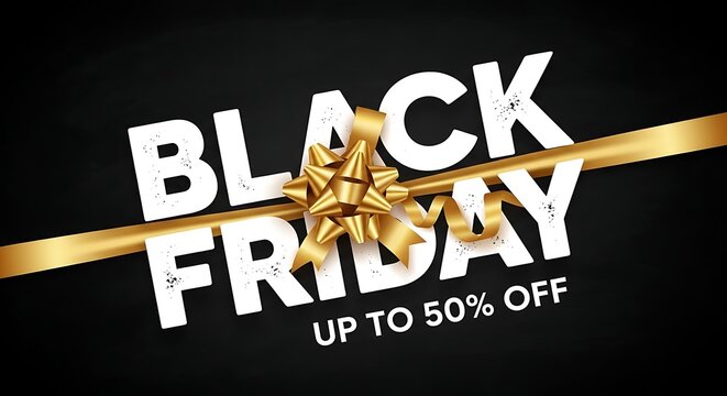 Black friday sale announcement with golden ribbon and discount offer