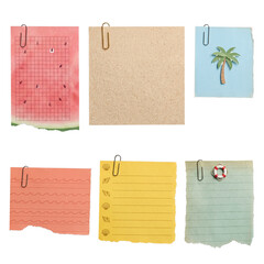 Six ripped paper notes with summer vacation themes and paper clips, isolated on a transparent background. © Julie