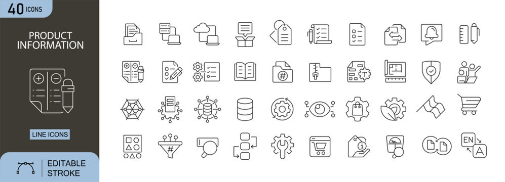 Product information icons set representing product details, specifications, description, features, labels, data, packaging and customer information. Editable Stroke.