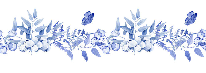 Watercolor seamless border blue  different types of eucalyptus, fern branches, cotton and lunaria and butterfly.  Can be used on fabrics and paper products and other.  © Tatsiana
