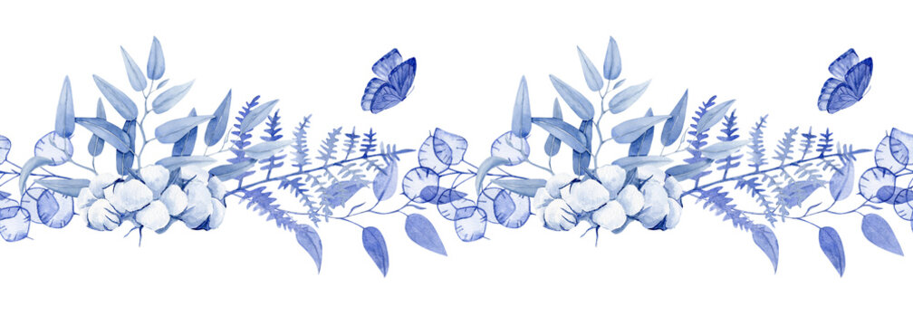 Watercolor seamless border blue  different types of eucalyptus, fern branches, cotton and lunaria and butterfly.  Can be used on fabrics and paper products and other.	