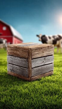 Rustic wooden crate sits on lush green grass with a farm and cows in the background