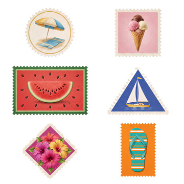 A set of six unique vintage postage stamps featuring charming summer holiday travel scenes and objects.