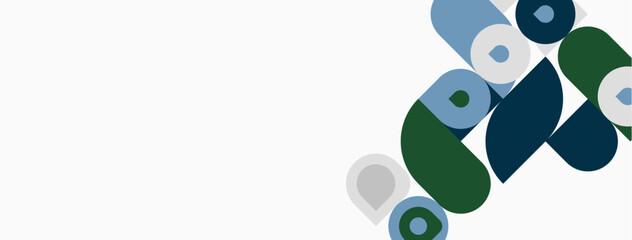 Fototapeta premium Abstract shapes, circles, rectangles overlap. Colors include blue, green, gray. Minimalist design, clean aesthetic, modern composition.
