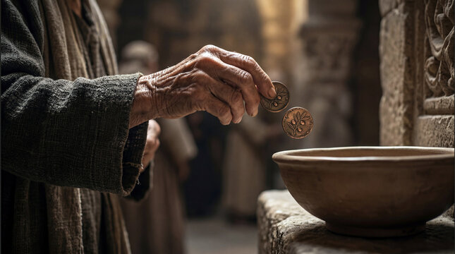 Widow&rsquo;s Offering of Two Lepta, Biblical Resurrection Scene, Temple Donation, Realistic Photography