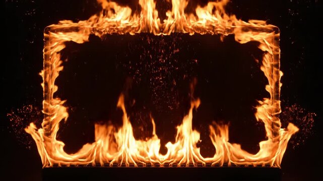 Fiery rectangular border with bright flames on black background