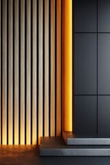 Fototapeta premium Modern interior design with warm wood slats and dramatic lighting on dark panels