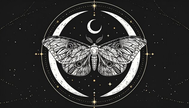 geometric luna moth vector illustration in cosmic circle design on black background