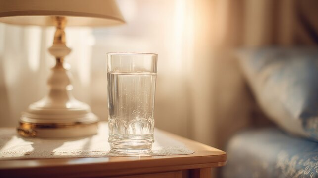 Glass of water on bedside table with lamp and soft morning light streaming in
