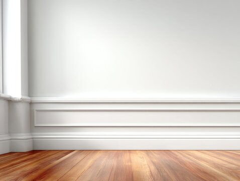 Empty bright room with white walls, decorative molding, and polished wooden floor