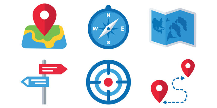Navigational Tools Icon Set: A vibrant collection of navigational icons, featuring a map with location pin, a compass, a map, directional signs, a target, and a route marker, perfect for travel.