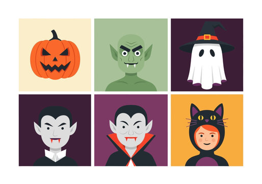 Flat Halloween Character Avatars and Icons Set Featuring Vampire, Pumpkin, Ghost, Goblin, and Cat Costume