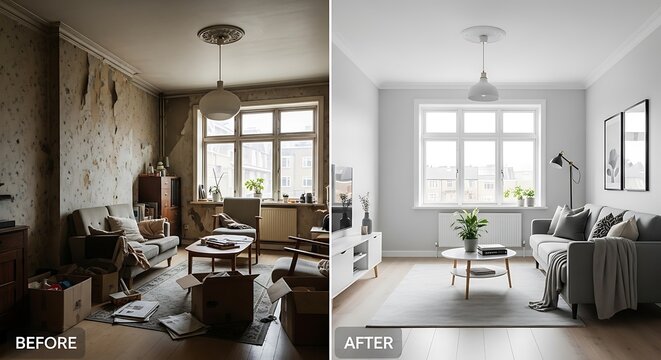 Renovation before and after interior of living room comparison visual
