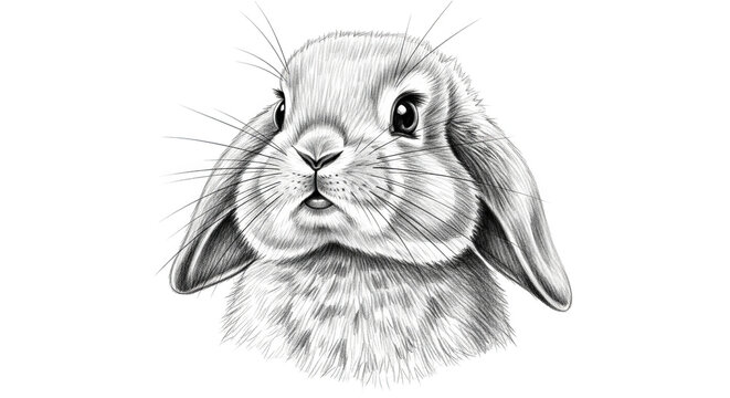 Detailed pencil sketch portrait of a cute lop eared rabbit with soft fur and expressive eyes.