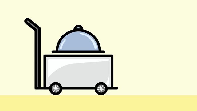 4k footage animation trolley with food. Hotel food and beverage delivery. Minimalist flat icon representing a hotel room service cart carrying a meal and drinks waiter delivering dinner on trolley