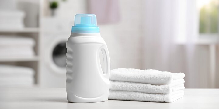 Clean laundry detergent bottle next to neatly folded white towels in a bright laundry room