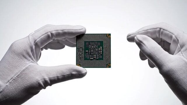 Gloved Hands Holding a High-Performance Computer CPU Processor Against a Clean White Background
