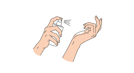 Fototapeta premium Human hands carefully pressing a plastic spray nozzle to release a fine mist of liquid fragrance within a minimalist studio setting with soft neutral tones.
