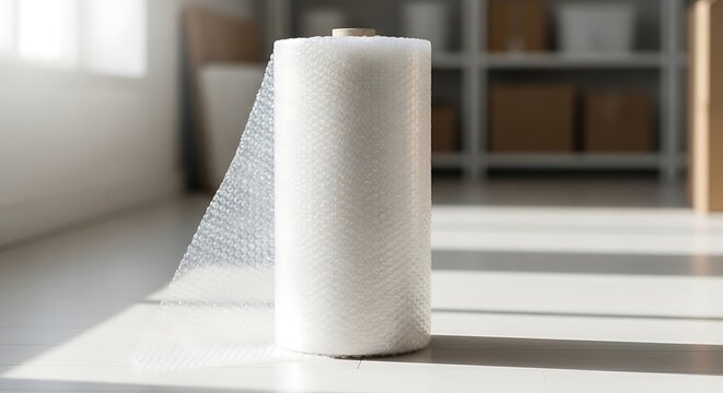 Roll of protective bubble wrap on white surface packaging supplies