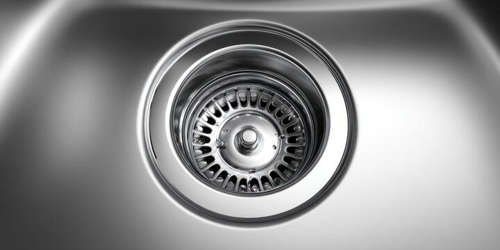 Close-up view of a clean, shiny stainless steel sink drain and strainer