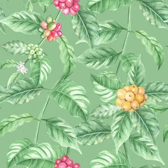 Fotobehang Tropische Bladeren A seamless watercolor pattern featuring a coffee plant branch with green leaves, coffee berries, and flowers. Botanical motifs from a coffee-themed plantation on a green background. High quality  © Evgeniia