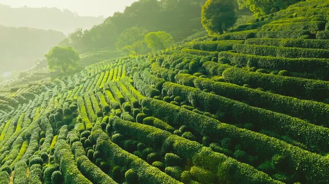 Aerial View of Lush Tea Plantation