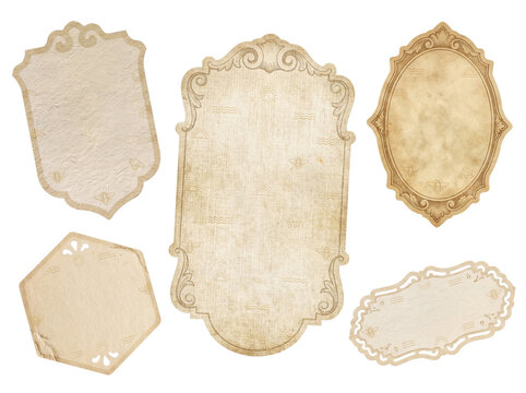A collection of five elegant vintage paper labels featuring ornate borders, distressed textures.
