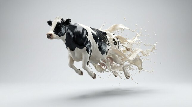 Cow running with milk splash dynamic motion on clean white background high speed freeze action concept for dairy advertising branding marketing and poster use