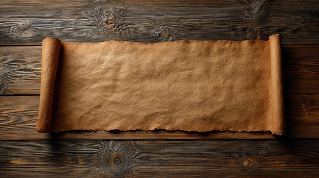 Parchment scroll on rustic wooden table, top down cinematic view