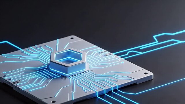 Circuit board with glowing blue lines