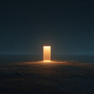 Minimalist Christian Concept - Glowing Door of Light Against Dark Midnight Background
