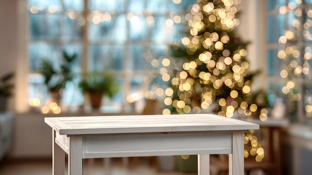 Festive Christmas Interior with Decorated Tree and Warm Bokeh Lights by Window