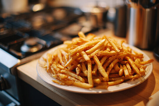 Crispy Golden French Fries on White Plate in Kitchen etting