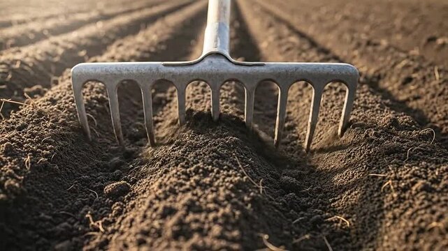A metal garden rake prepares dark soil for planting in a field