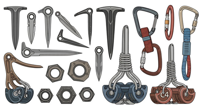 Collection of various metal climbing equipment.