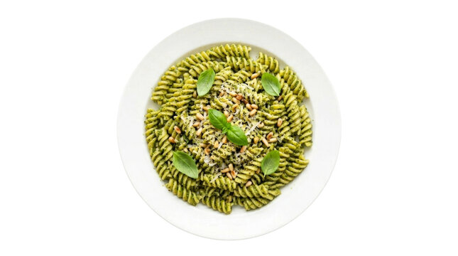 Pesto fusilli pasta with basil and pine nuts isolated on white
