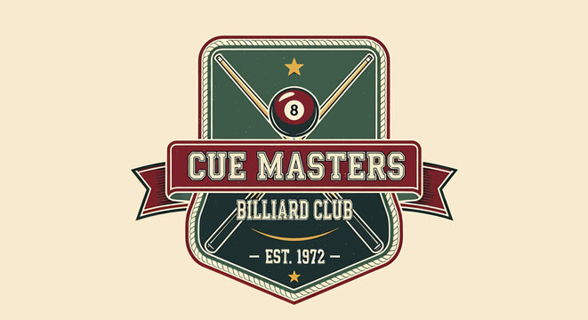 Cue Masters Billiard Club Logo - Vintage Design with Cue Sticks.