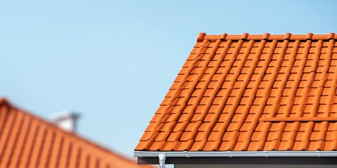 Naklejka premium Close-up view of a terracotta tiled roof against a clear blue sky