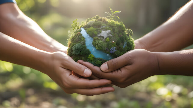 Close-up of diverse human hands gently holding a small living Earth covered with forests, rivers, and wildlife, plants growing around fingers, soft sunlight rays, warm tones, shallow depth of field