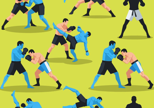 Martial Arts and Kickboxing Vector Illustration Pattern. Men Sparring, Boxing and Kicking in Combat Sports Graphic Design. Seamless Fitness and MMA Background.
