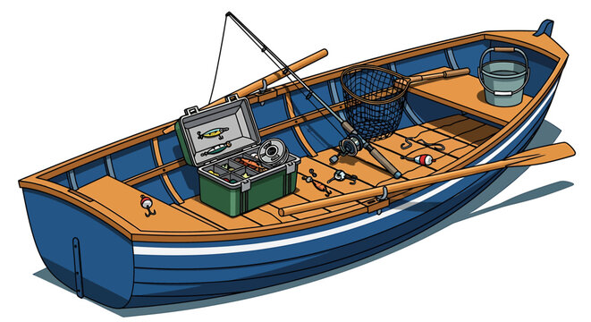 Detailed illustration of a blue and wooden fishing boat with equipment.