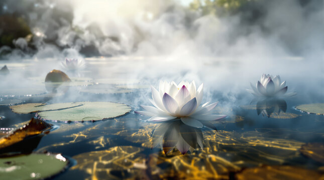 lotus flowers in a warm lake and smoke coming out of the lake
