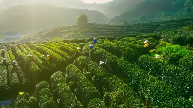 Enchanting View of Tea Picking on Terraced Tea Farms