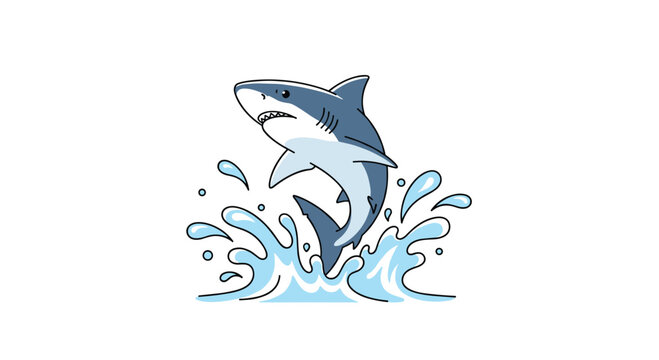 Dynamic cartoon shark leaping out of blue water with energetic splashes is rendered with bold outlines against a clean white background for high impact.