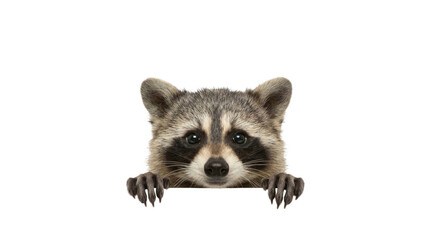 Raccoon head and paws peeking isolated on pure white studio background © Igor