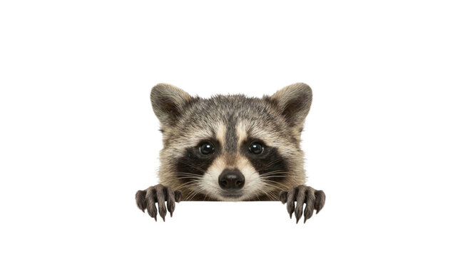 Raccoon head and paws peeking isolated on pure white studio background